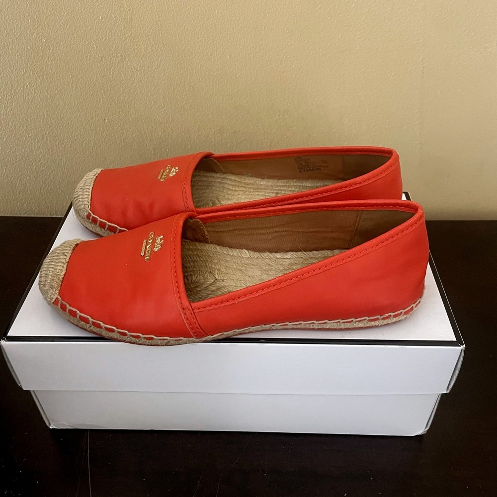 Coach Rhodelle Orange Leather Espadrille Flats Gold Logo Womens 7.5B A8424